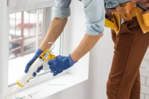 man doing essential winter home maintenance tip - sealing window with caulk